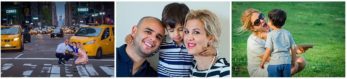 Three-panel family collage showing a couple and son on a city street, a studio portrait, and a park moment. Three-panel family collage showing a couple and son on a city street, a studio portrait, and a park moment.